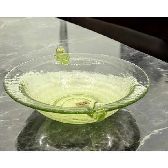 Vintage Handcrafted Green Glass Serving Bowl With Decorative Handles - Picture 1 of 9
